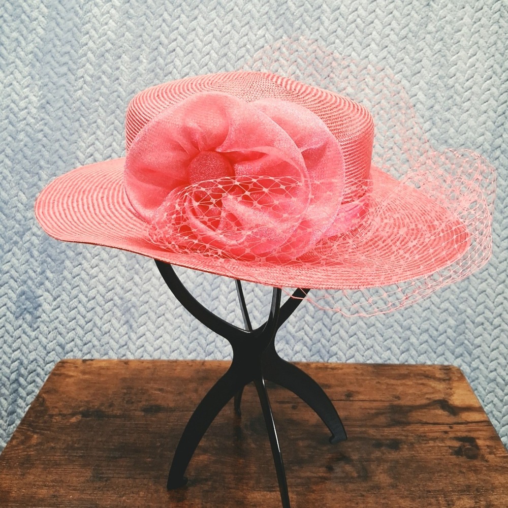 Vintage Coral Pink Straw Boater Hat Flower Birdcage Veil Derby Church Tea Party